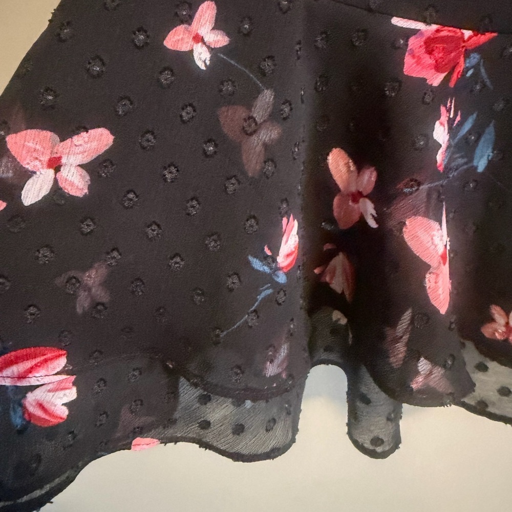 Eliza J Black Pink Floral Chiffon Ruffle hem Swiss dot 3/4 bell sleeve size 6 - Picture 7 of 13
